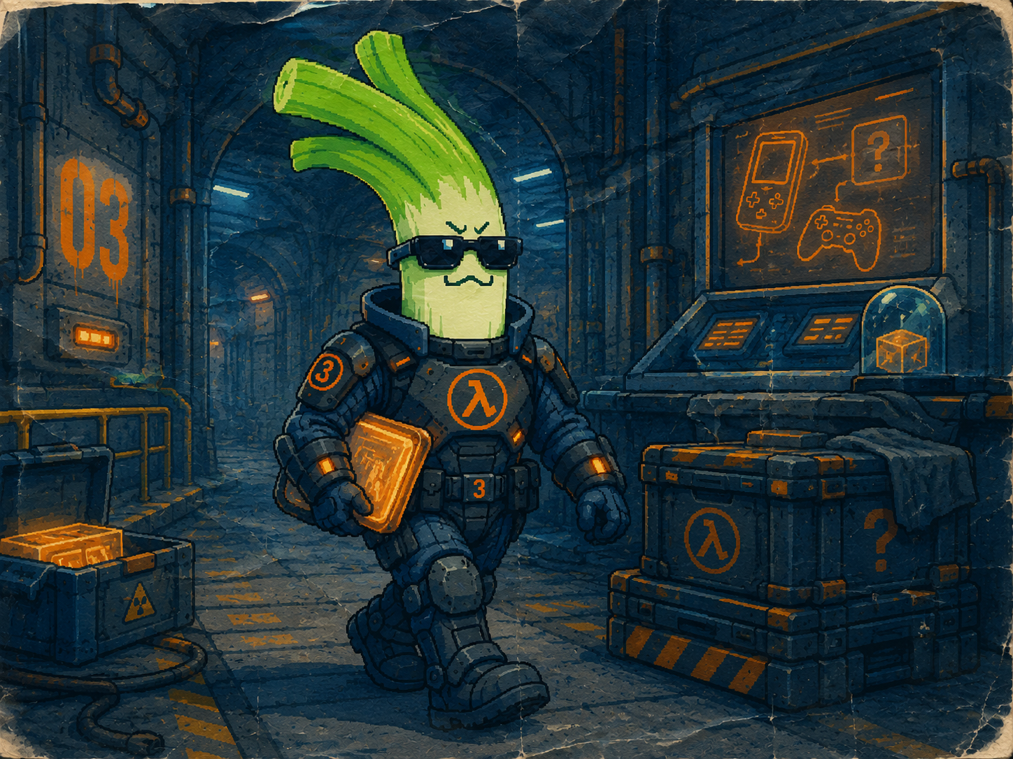 Cyberleek carrying a glowing file through an industrial lab