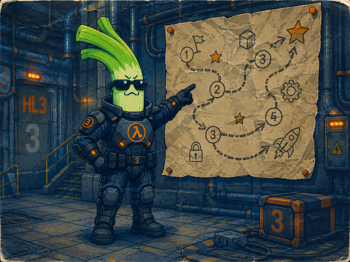 Cyberleek pointing at a hand-drawn roadmap in the lab